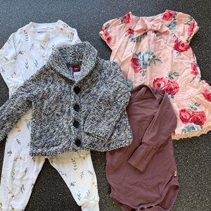 Mixed Baby Outfit Bundle with Pink Floral Dress & Blue Knit Cardigan